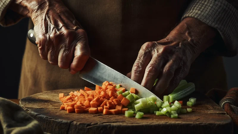 Mani esperte tagliano carote e sedano su un tagliere di legno con coltello